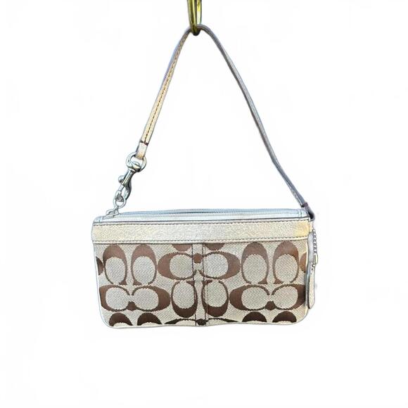 COACH Vintage Y2K Tan Brown Logo Canvas Beaded Mini Bag Wristlet Gold Trim - Picture 3 of 6